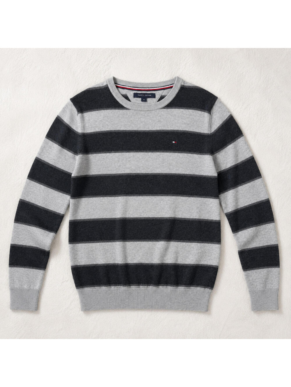 Tommy Hilfiger Mens Medium Striped Crew Neck Sweater Gray Navy Cotton Logo Pullo